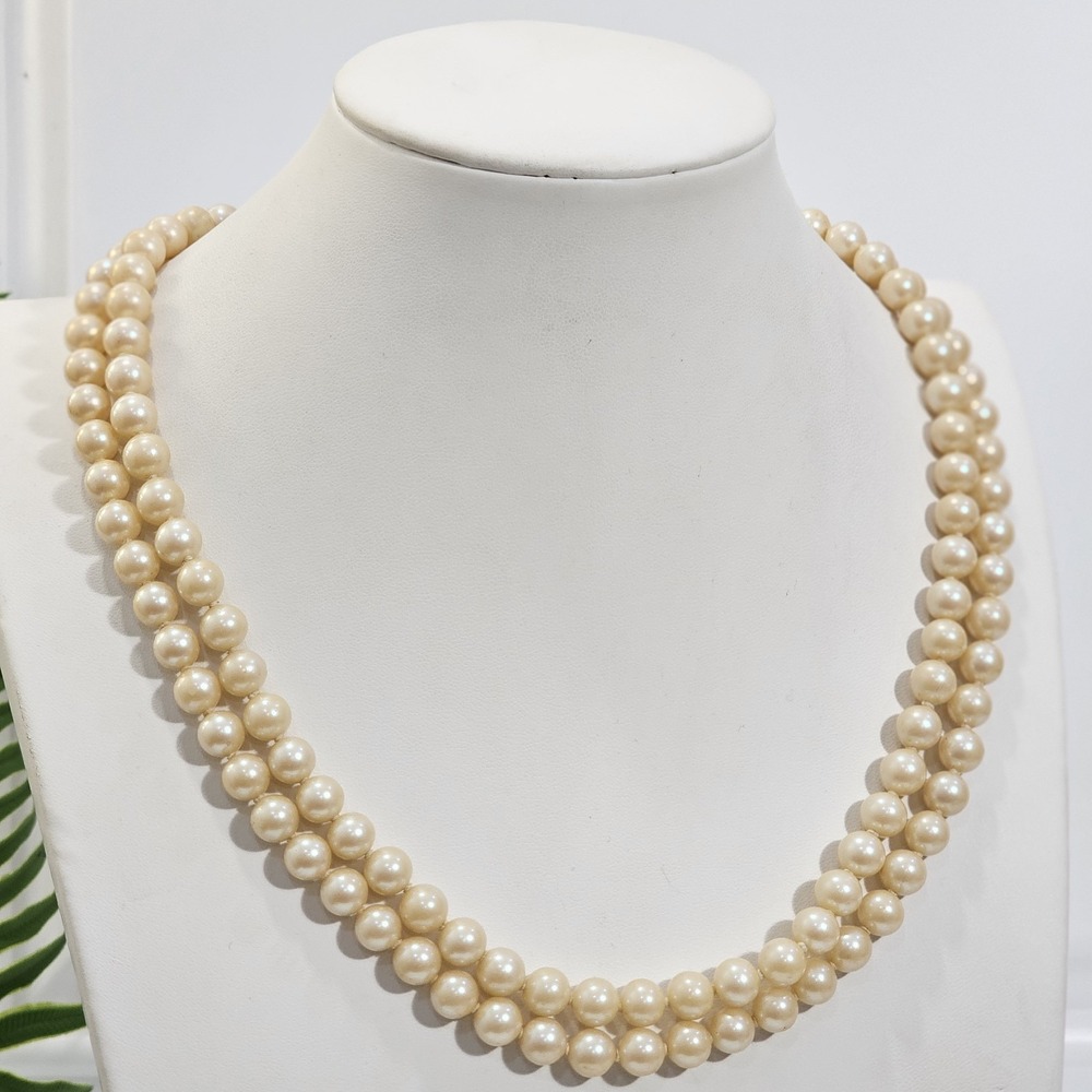Double Strand Faux Pearl Necklace Rhinestone Clasp Vintage Art Deco Style Glass